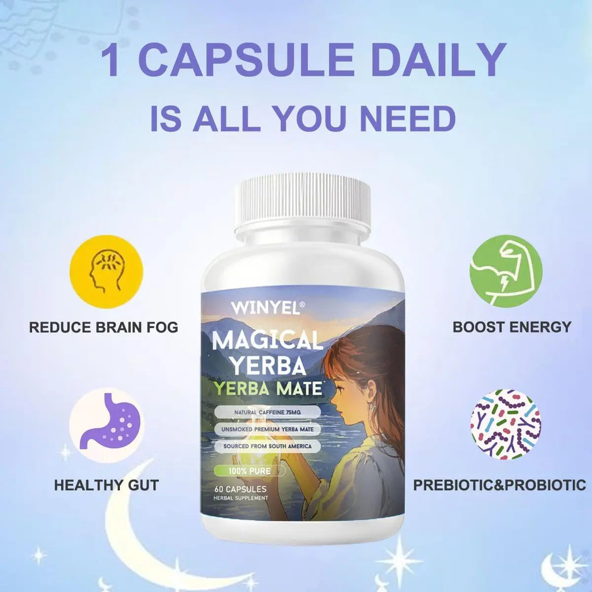 WINYEL Yerba Mate Capsules  75mg Natural Caffeine Per Capsule  Natural Plant-Based Energy & Focus Support  Supports Mental Clarity & Digestive Wellness Gut Health  60 Capsules - Rooted & Regenerative: Sustainable Foods for the Future Rooted & Regenerative: Sustainable Foods for the Future Rooted & Regenerative: Sustainable Foods for the Future