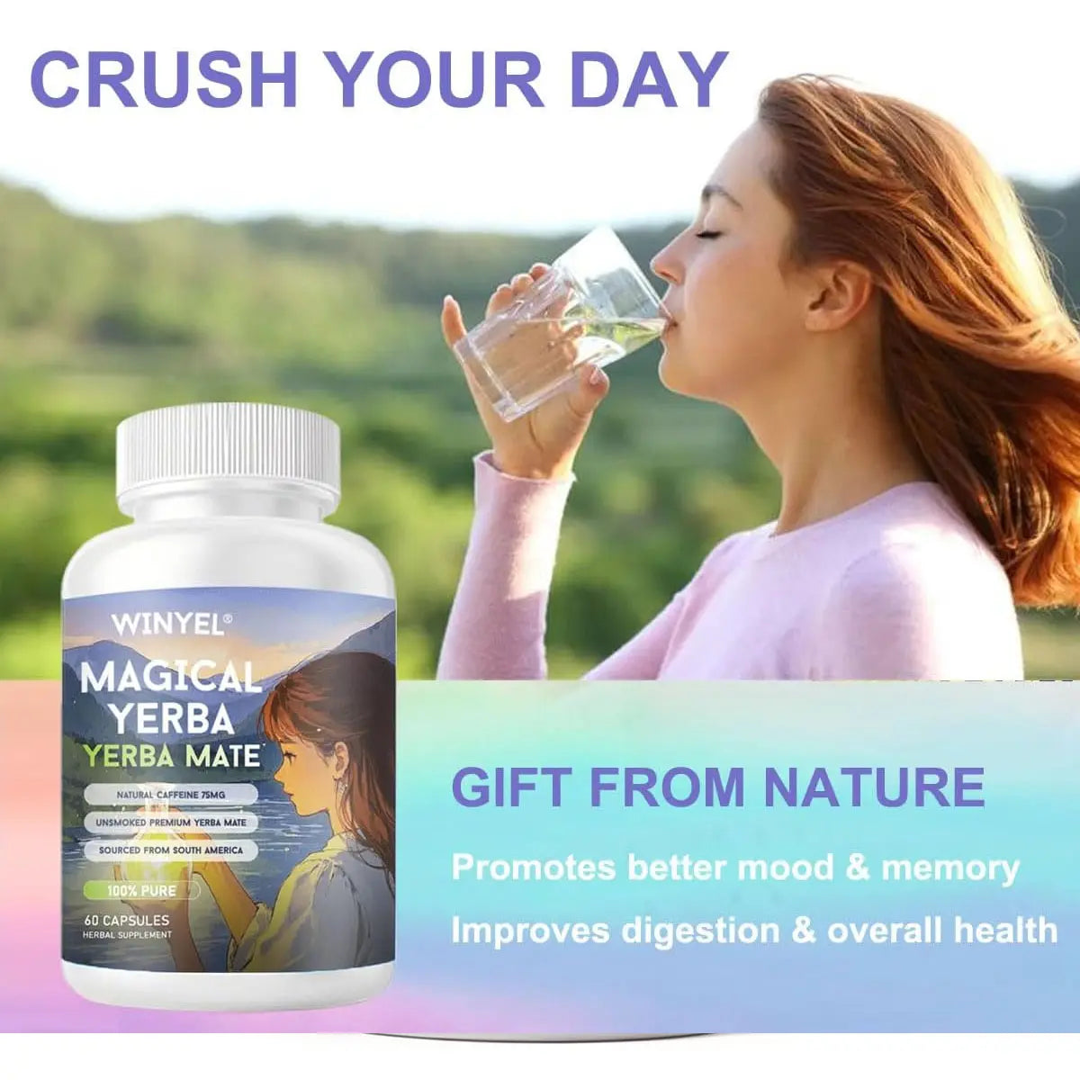 WINYEL Yerba Mate Capsules  75mg Natural Caffeine Per Capsule  Natural Plant-Based Energy & Focus Support  Supports Mental Clarity & Digestive Wellness Gut Health  60 Capsules - Rooted & Regenerative: Sustainable Foods for the Future Rooted & Regenerative: Sustainable Foods for the Future Rooted & Regenerative: Sustainable Foods for the Future