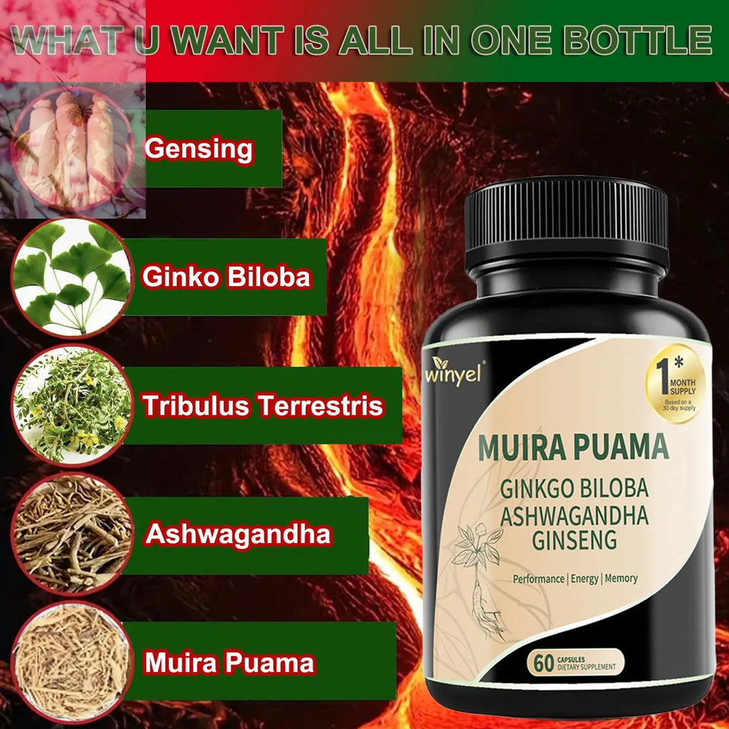 Muira Puama Ginseng Ashwagandha Ginkgo Tribulus  Herbal Supplements  Unleash Your Potential Through Our Pills  Dietary Supplements, Help Promote An Active And Healthy Lifestyle  60 Capsules - Rooted Regenerative: Sustainable Foods for the Future